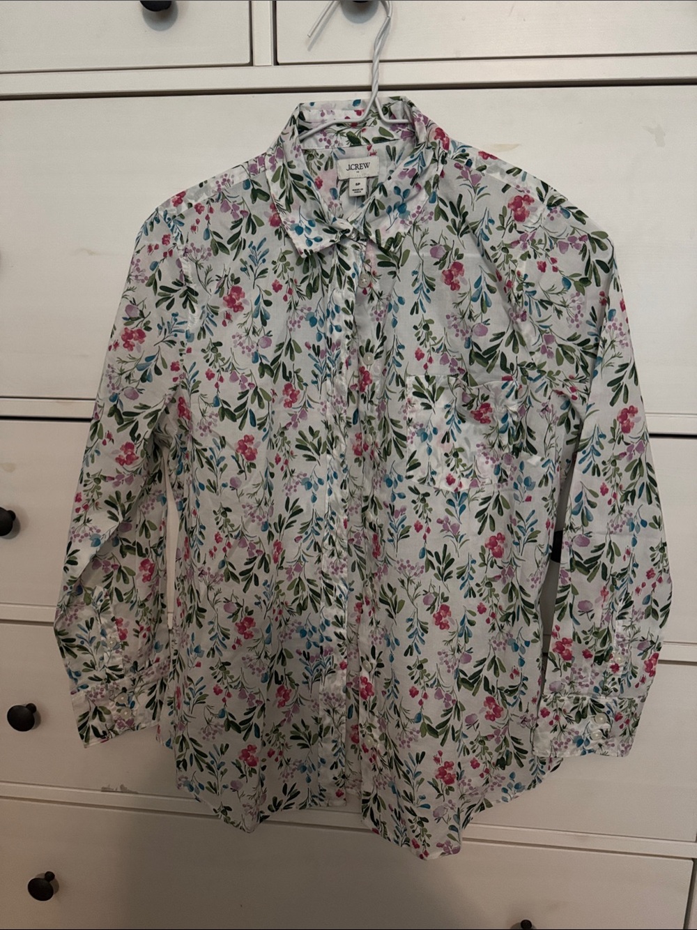 J. Crew Cream Floral Button-Up Shirt with Pink & Blue Blooms